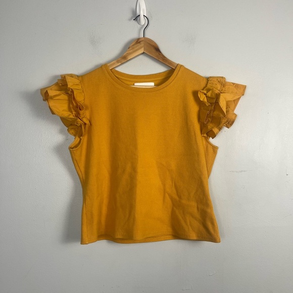By Anthropologie Woven Ruffle Top gold yellow size large - Picture 3 of 7